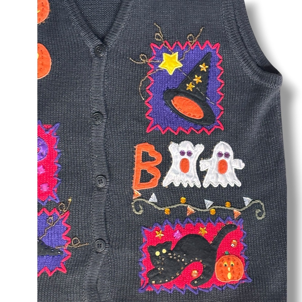 Vintage Bobbie Brooks Halloween Sweater Vest Applique Beaded Witch Cat Ghost L - Picture 2 of 9